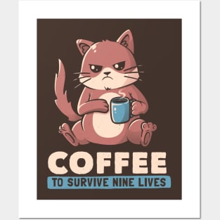 Coffee To Survive Nine Lives - Funny Cute Cat Posters and Art